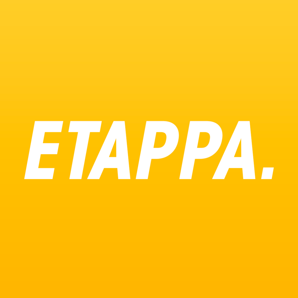 Texto branco sobre com o nomeda da empresa ETAPP fundo amarelo.