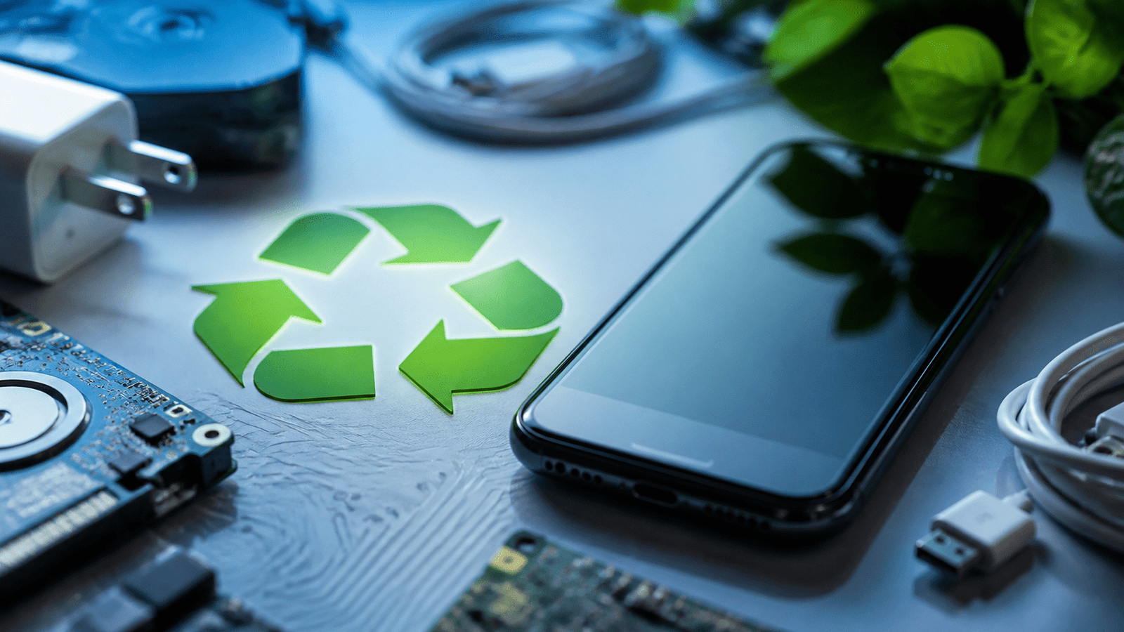 imagem com um celular, símbolo de reciclagem e elementos de lixo eletrônico ao redor,